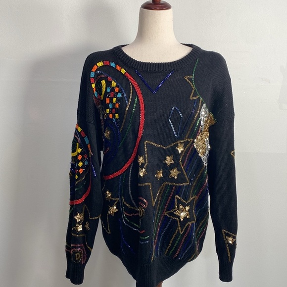 Vtg Sequin Beaded Star Print Sweater Rainbow Waves Medium Made in Hong Kong - Picture 1 of 16